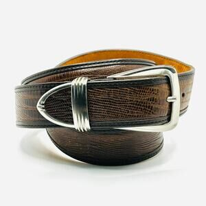 Cole Haan Brown Lizard Embossed Calfskin Silver Buckle Leather Belt